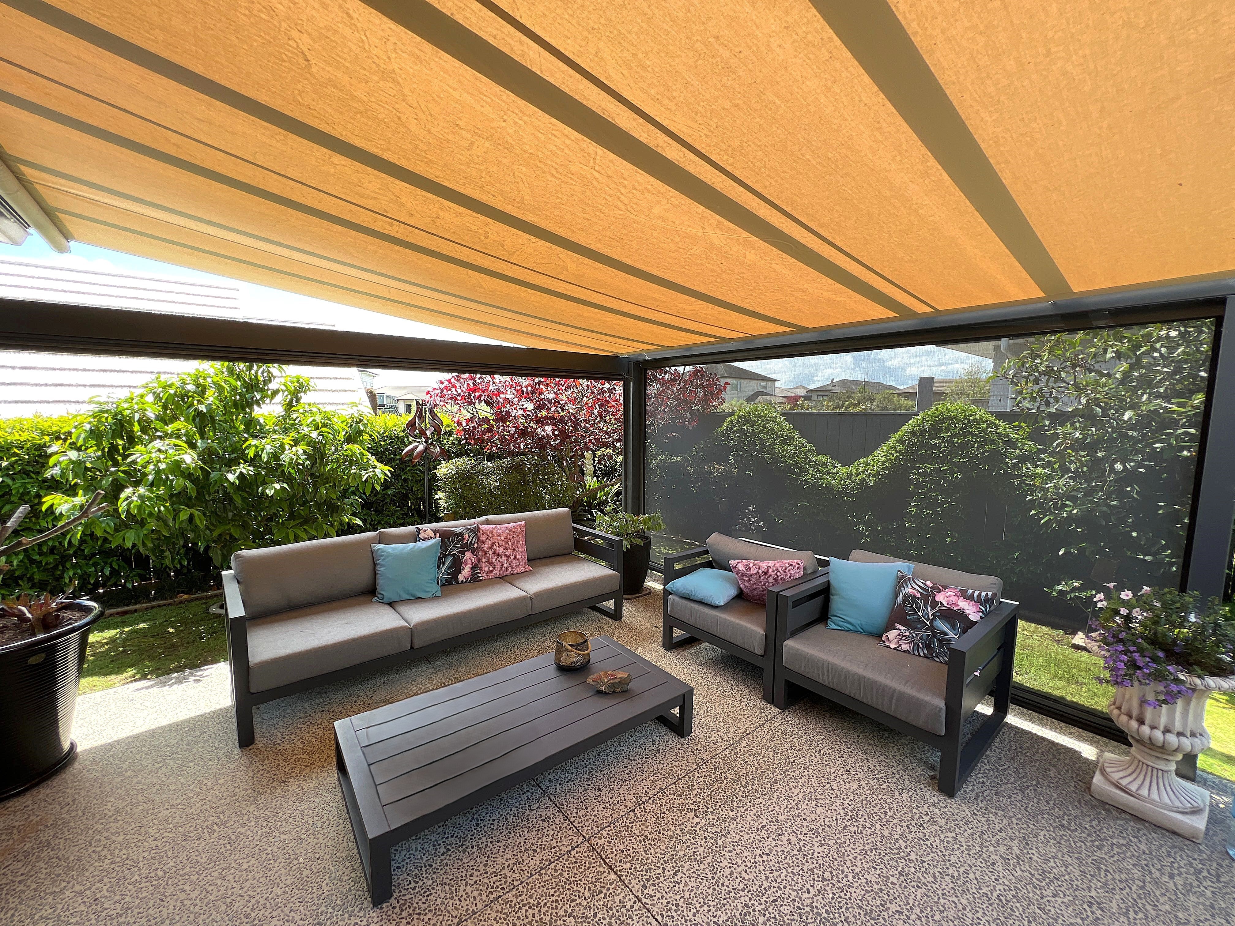 Modern home with awning detail